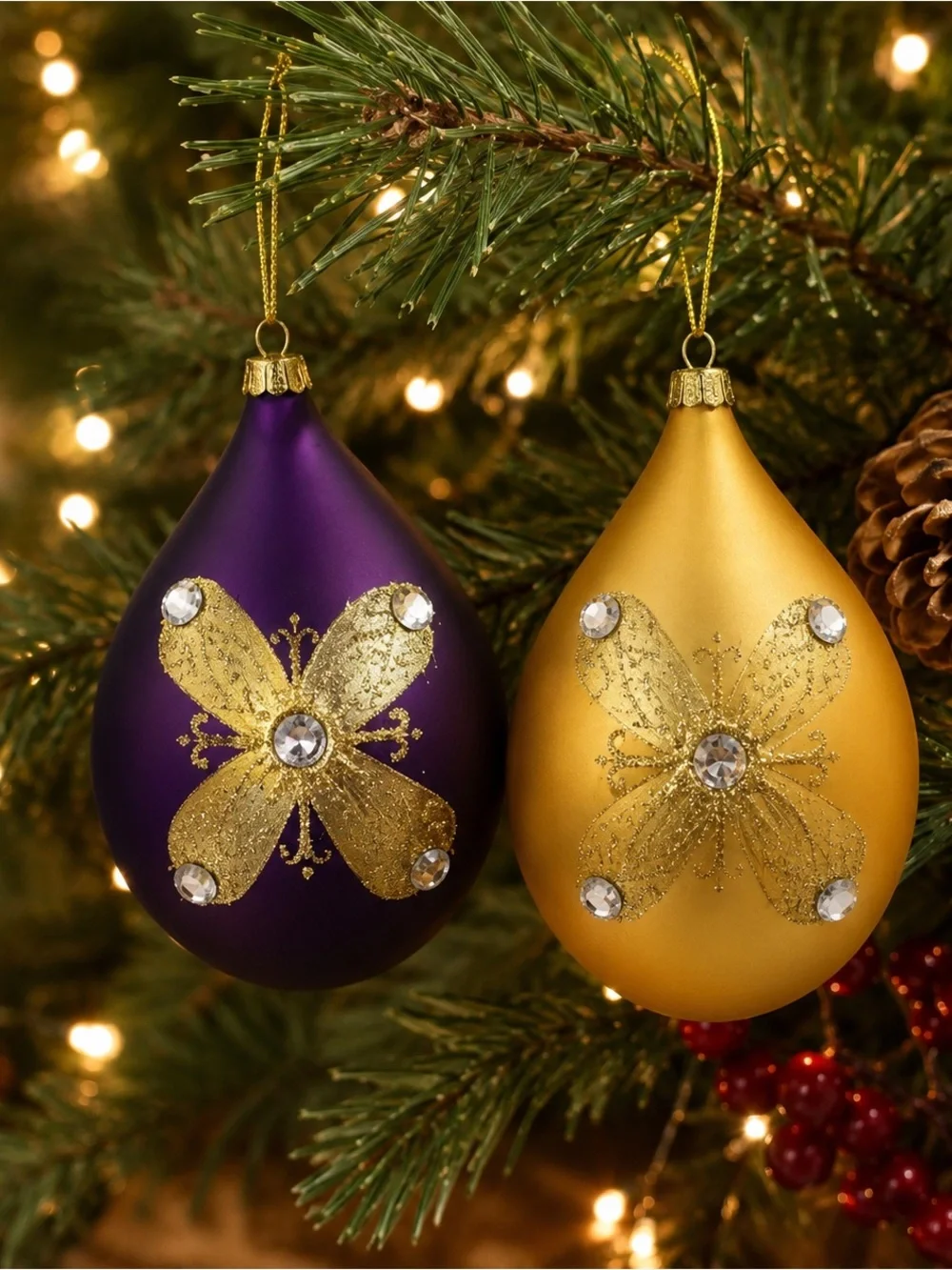 Vintage Dillard’s Glass Teardrop Christmas Ornaments Set 2 Purple Gold Box